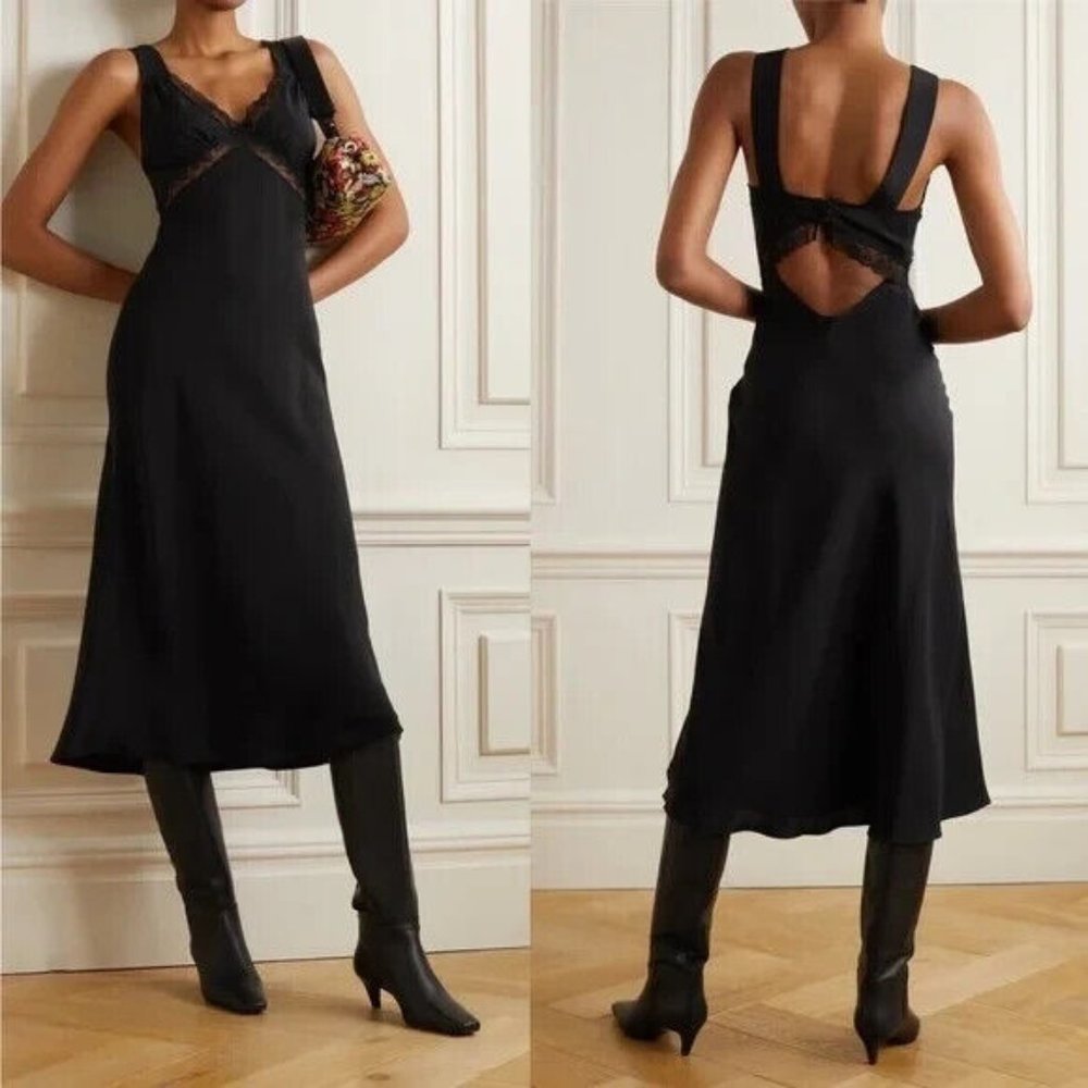 Reformation Provence Black Cutout Lace Trimmed Silk Charmeuse Dress XS